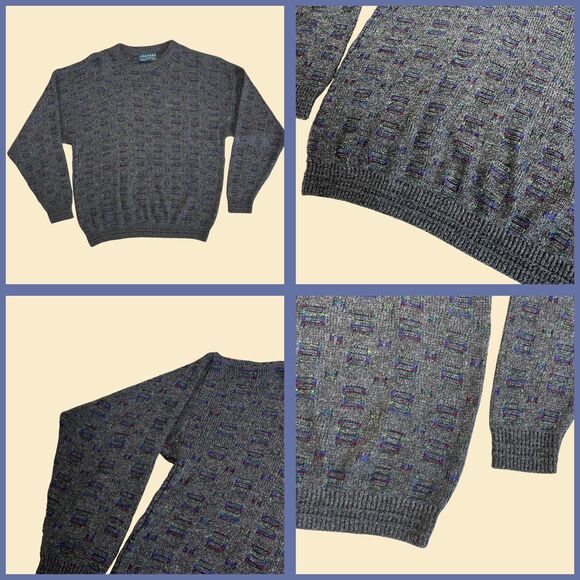 1990s geometric sweater, 3XL vintage 90s grey pullover by Loafers Reed St. James - Picture 2 of 6